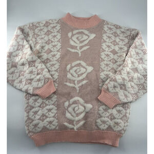 PRIVATE EYES 80s Vintage Sweater USA Floral Roses Pink White Y2K Womens Medium